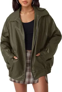 Front view of an oversized olive green women's faux leather moto jacket with zipper