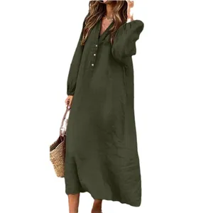 Elegant solid color long sleeve V-neck cotton linen maxi dress for women in dark green