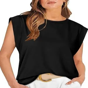 Haut à manches courtes noir pour femme, t-shirt d'été basique décontracté et coupe ample