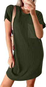 Close-up detail of dark green ribbed knit short sleeve dress with front chest pocket