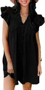Close-up of black V-neck ruffle sleeve mini dress showing loose fit and fabric texture