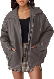 Oversized grey faux leather biker jacket for women showing relaxed fit and pocket detail