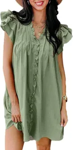 Close-up detail of green V-neck dress with elegant ruffle sleeves and fabric texture.