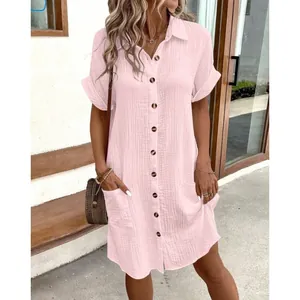 Casual pink short sleeve button down cotton linen shirt dress with pockets