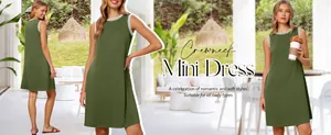Schickes ärmelloses Damen-Minikleid in Olivgrün mit elegantem gestreiftem Rand-Detail.