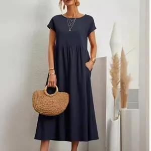 Elegante abito smanicato in cotone e lino blu scuro con tasche laterali