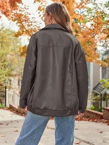 Back view of women's oversized faux leather biker jacket in brown for autumn fashion