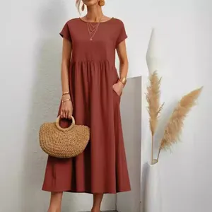 Elegante vestido midi de algodón y lino naranja quemado con bolsillos para verano