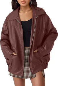 Stylish oversized burgundy faux leather motorcycle jacket for women with front zipper