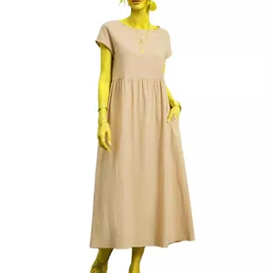 Elegante vestido largo sin mangas de algodón y lino con bolsillos en color beige liso