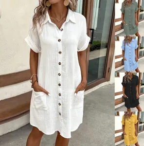 Casual V-neck button-down cotton linen shirt dress with pockets in multiple colors