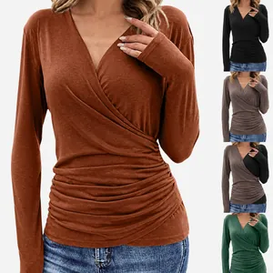 T-Shirt Femme Col en V Plissé Manches Longues Couleur Unie Coupe Ajustée Top Automne Décontracté Urbain Polyester