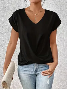 Elegantes schwarzes Damen-T-Shirt mit V-Ausschnitt und modischem Twist-Detail am Saum.