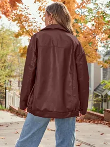Back view of women's oversized brown faux leather biker jacket for fall fashion