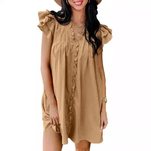Women V-Neck Ruffle Short Sleeve Dress Summer New Viscose Fiber Solid Color Loose Straight Mini Dress Casual Elegant Tunic Dress
