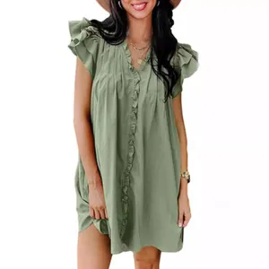 Stylish sage green V-neck mini dress with ruffle sleeves and a loose, summer-ready fit.