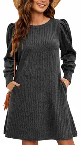 Close-up of a stylish grey knit dress featuring elegant puff long sleeves and soft texture