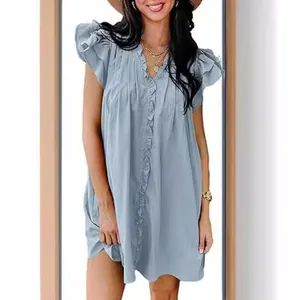 Light blue V-neck ruffle sleeve mini dress with a loose and comfortable straight fit