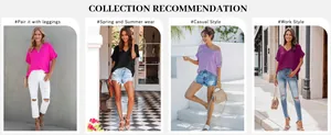 Modecollectie met dames tops met V-hals en vleermuismouwen in vier kleuren en stijlen