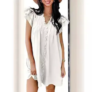 Stylish white V-neck ruffle sleeve mini dress in a loose straight fit for summer.