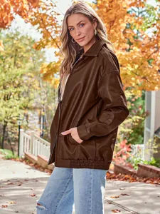 Stylish women's brown oversized faux leather biker jacket for autumn outdoor wear
