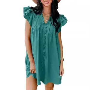 Summer teal V-neck ruffle sleeve mini dress in loose straight fit for women
