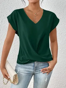 Eleganter dunkelgrüner V-Ausschnitt Top für Damen mit vorderem Knoten und Ärmelaufschlägen