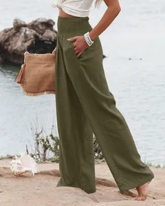 Lässige olivgrüne Damen-Baumwollhose mit weitem Bein, gesmokter hoher Taille und Taschen