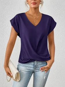 Elegantes tiefviolettes Damen-T-Shirt mit V-Ausschnitt und modischem Knotendetail vorne