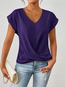 Elegantes tiefviolettes Damen-T-Shirt mit V-Ausschnitt und modischem Knotendetail vorne