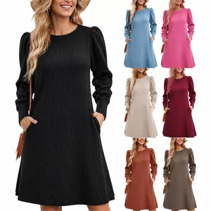 Women Casual Knit Bubble Sleeve Dress Crew Neck Autumn Winter Solid Color Puff Sleeve Tunic Dress With Pocket Polyester Spandex