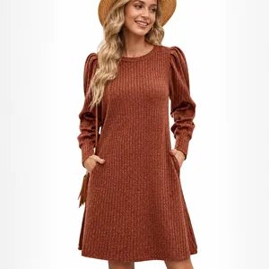 Casual terracotta puff sleeve knitted dress for women with round neck and pockets