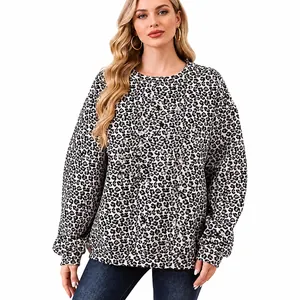 Elegante felpa oversize con stampa leopardata da donna con scollo rotondo a maniche