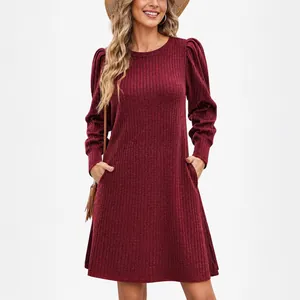 Elegant burgundy puff sleeve knit dress for women with crew neck and stylish ribbed texture