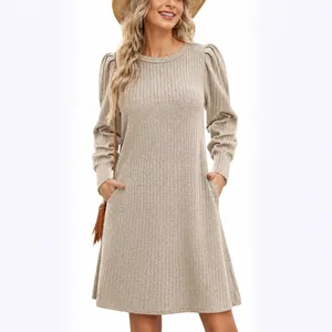 Elegant ladies casual crew neck waffle knit dress with stylish puff long sleeves in beige