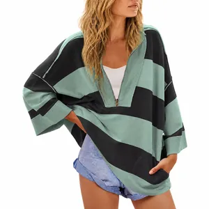 Women Oversized Striped Sweatshirt Half Zipper V Neck Pullover Color Block Casual Loose Long Sleeve Top Cotton Polyester Blend