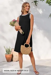 Damen ärmelloses Mini-Kleid in Schwarz mit einer geflochtenen Tasche und Blumen