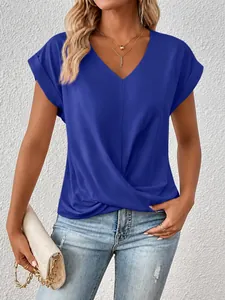 Elegantes königsblaues Damen-T-Shirt mit V-Ausschnitt, Knotendetail und kurzen Ärmeln