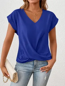Elegantes königsblaues Damen-T-Shirt mit V-Ausschnitt, Knotendetail und kurzen Ärmeln