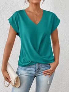 Elegantes blaugrünes T-Shirt mit V-Ausschnitt und Knotendetail für Damen im Frühling Sommer.