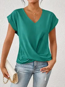 Elegantes blaugrünes T-Shirt mit V-Ausschnitt und Knotendetail für Damen im Frühling Sommer.