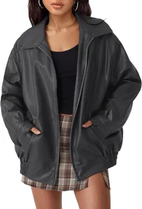 Women's stylish oversized black faux leather motorcycle jacket with long sleeves and zipper