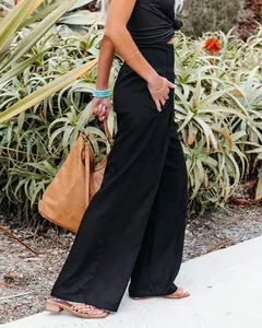 Stilvolle schwarze Damen-Baumwollhose mit weitem Bein und geraffter Taille für den Sommer