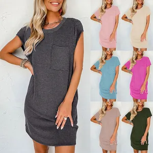 Women Casual Wave Stripe Short Sleeve Dress Round Neck Pocket T-Shirt Mini Dress Polyester Cotton Comfortable Summer Loose Fit Beach Sun Dress