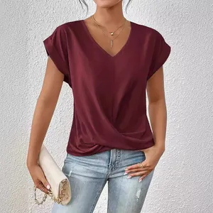 Damen Elegant V Ausschnitt Polyester T-Shirt Knotendetail Saum Kurzarm Top Schlanke Passform Einfarbig Lässig Täglich Pendler Mode