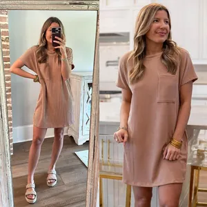 Women's casual summer brown ribbed knit short sleeve dress featuring a stylish chest pocket
