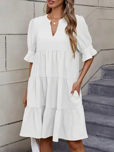 Vestido informal blanco para mujer con cuello en V y mangas abullonadas con bolsillos