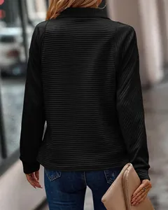 Detailed back view of a black stand collar sweatshirt with unique ribbed texture for women