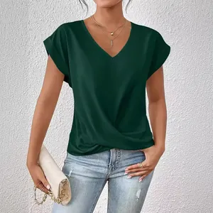 Elegantes dunkelgrünes Damen T-Shirt mit V-Ausschnitt und modischem Knotendetail vorne