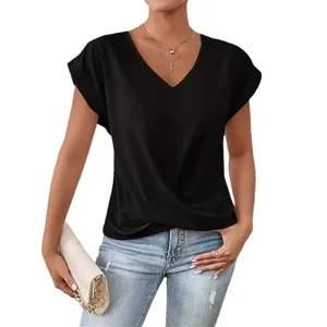 Elegantes schwarzes Damen-T-Shirt mit V-Ausschnitt und kurzen Ärmeln für Frühjahr und Sommer